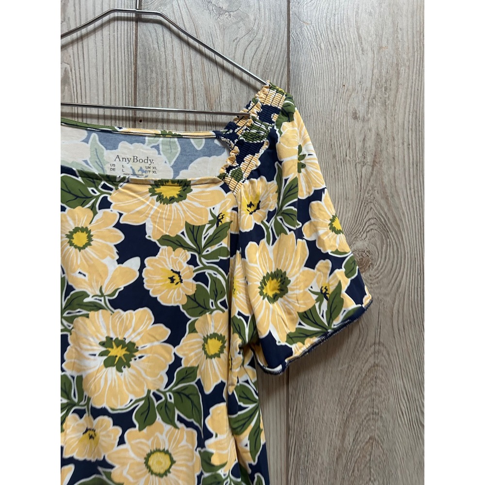 AnyBody Womens Floral Square Neck Smocked Shoulder Top Navy Yellow Size L - Picture 5 of 6